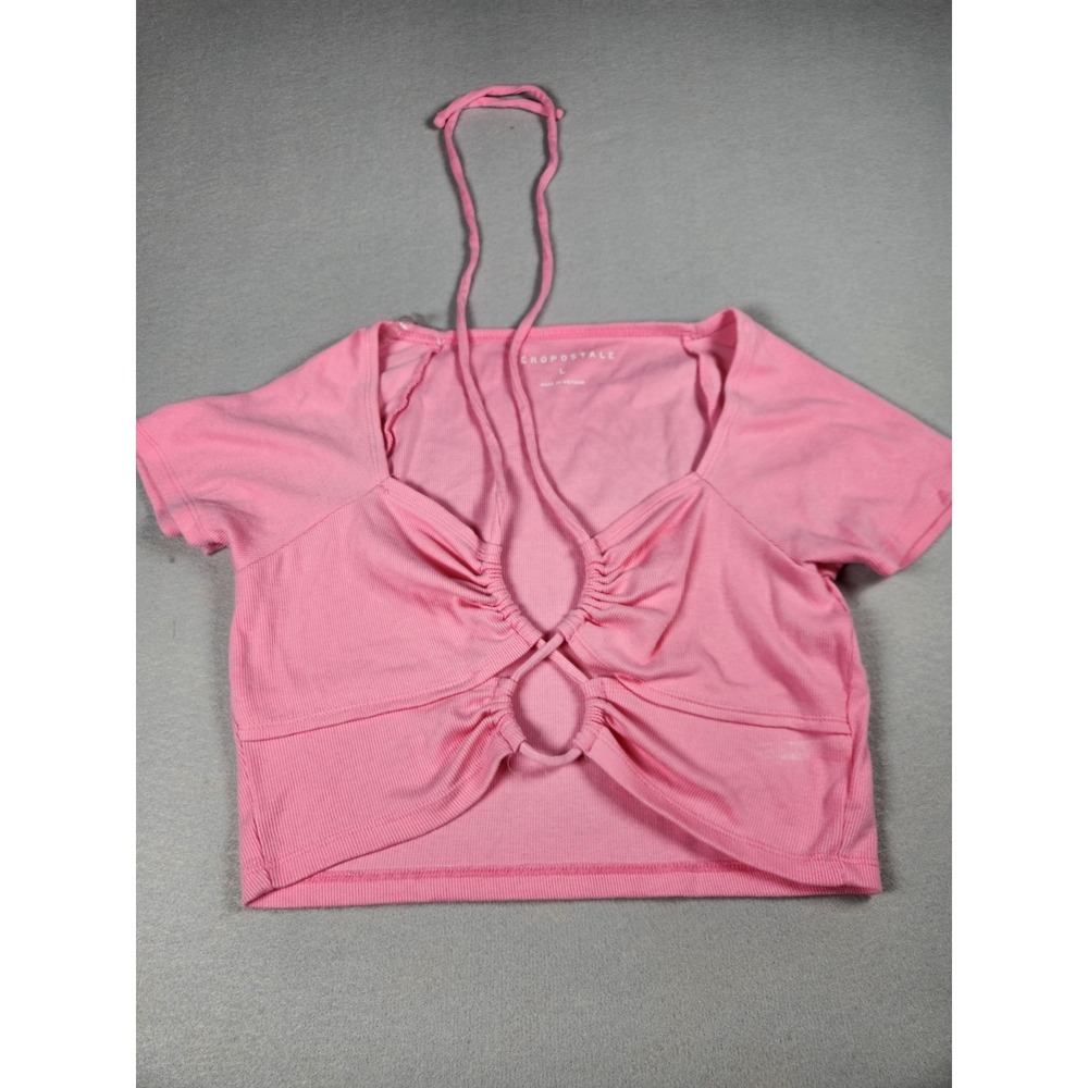 Aéropostale Pink Ribbed Knit Cutout Tie Front Halter V-Neck Crop Top L